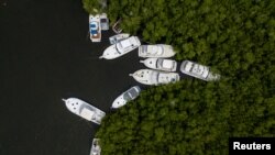 Boats sit secured to mangroves as tropical storm Fiona approaches in Cabo Rojo, Puerto Rico, Sept. 17, 2022. 