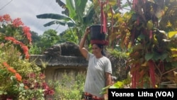 Dorkas Bili (54) membawa satu ember air bersih menuju ke rumahnya di dusun 2, desa Tana Rara, Kecamatan Loli, Kabupaten Sumba Barat, Nusa Tenggara Timur. Rabu (14 September 2021) (Foto : VOA/Yoanes Litha)