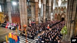 The funeral service of Queen Elizabeth II at Westminster Abbey in central London, Sept. 19, 2022. (Dominic Lipinski/Pool via AP)