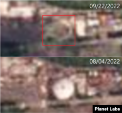 munhwa s 금강산 관광지구에 있던 문화회관(사각형 안)이 해체된 정황이 포착됐다. 아래는 해체 전 문화회관 모습. 자료=Planet Labs