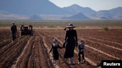A woman walks with her two children through an agricultural field in the Mennonite community of El Sabinal, Ascension, Chihuahua, Mexico, April 29, 2015. (REUTERS/Jose Luis Gonzalez )