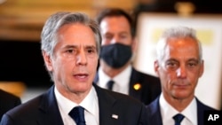 US Secretary of State Antony Blinken, left, speaks after a meeting with Japan's Prime Minister Fumio Kishida at the prime minister's official residence July 11, 2022, in Tokyo.