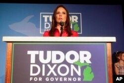Tudor Dixon, candidate for the Republican nomination for Michigan governo, speaks at a primary-night party in Grand Rapids, Mich., Tuesday, Aug. 2, 2022. Dixon won the primary, and will face Democratic Gov. Gretchen Whitmer. (AP Photo/Paul Sancya)