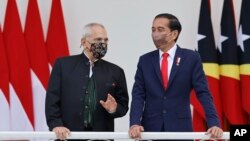 East Timor President Jose Ramos-Horta, left, talks to Indonesian President Joko Widodo, during their meeting at the Presidential Palace in Bogor, West Java, Indonesia, July 19, 2022. 