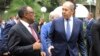 Russian Foreign Minister Sergey Lavrov, right, speaks with Ethiopian Deputy Prime Minister Demeke Mekonnen, left, as they visit the compound of the Russian Embassy in Addis Ababa, Ethiopia, July 27, 2022.