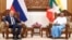 In this handout photo released by the Russian Foreign Ministry Press Service, Myanmar Foreign Minister Wunna Maung Lwin, right, and Russian Foreign Minister Sergey Lavrov pose for a photo prior to their talks in Naypyitaw, Myanmar, Wednesday, Aug. 3, 2022