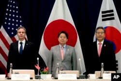 From L to R, U.S. Secretary of State Antony Blinken, Japanese Foreign Minister Yoshimasa Hayashi and South Korean Foreign Minister Park Jin during a trilateral meeting at the G-20 Foreign Ministers Summit in Nusa Dua, Bali, Indonesia, July 8, 2022.