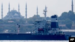 The cargo ship Razoni is seen in the Bosphorus Strait off Istanbul, Turkey, Aug. 3, 2022. The first cargo ship to leave Ukraine since the Russian invasion, the Razoni was to head to Lebanon.