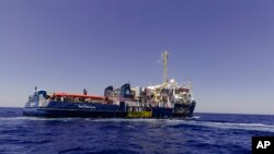 The German charity Sea-Watch 3 with 444 people on board in the central Mediterranean, July 24, 2022. . (Nora Boerding/Sea-Watch via AP)