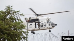 Kikosi cha Kulinda Amani cha Umoja wa Mataifa kilichopo Jamuhuri ya Kidemokrasia ya Kongo (MONUSCO) kikiwa katika helikopta eneo la Goma, jimbo la Kivu Kaskazini. Julai 26, 2022. Picha na Shirika la habari la REUTERS/Esdras Tsongo.