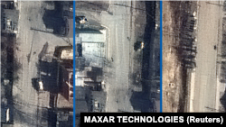 러시아군 점령 당시인 지난달 19일 우크라이나 수도 크이우(러시아명 키예프) 인근 도시 부차 거리에 민간인 시신들이 방치돼있다. (위성사진: 맥사 테크놀로지 제공)