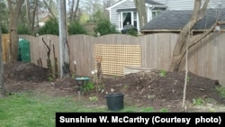 View of two hügelkultur mounds in garden in Glenview, Illinois. April 11, 2017