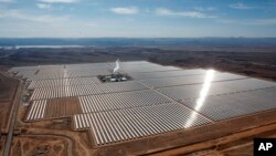 A view of a solar power plant in Ouarzazate, central Morocco on Feb.4, 2016. Renewable energy's potential across the Africa remains largely untapped, says a new report in April 2022 by the United Nation's Intergovernmental Panel on Climate Change. (AP Photo/Abdeljalil Bounhar)
