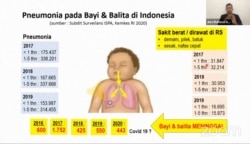 Grafik Pneumonia pada bayi dan balita di Indonesia yang disampaikan dalam kegiatan virtual Festival Sehat Anak Indonesia, memperingati Hari Pnemonia Dunia 2020, Kamis (12/11/2020) dalam tangkapan layar.