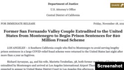 Saopštenje američkog Sekretarijata za pravosuđe (Foto: Screenshot)