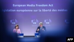 FILE - European Commission vice president in charge for Values and Transparency Vera Jourova and EU commissioner for internal market Thierry Breton give a press conference on the Media Freedom Act at the EU headquarters in Brussel, Sept. 15, 2022.