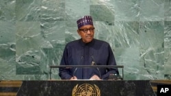 Shugaba Buhari a lokacin da yake gabatar da jawabinsa a zauren Majalisar Dinkin Duniya (AP)