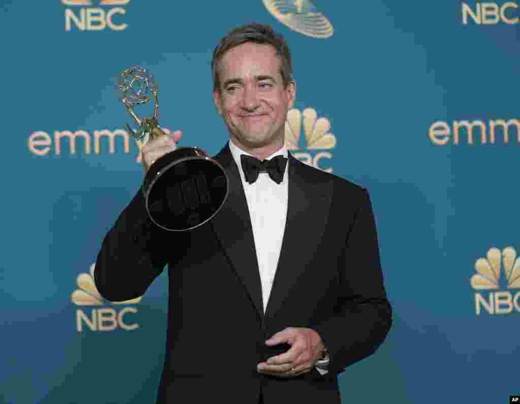 Matthew Macfadyen poses in the press room with the award for outstanding supporting actor in a drama series for "Succession" at the 74th Primetime Emmy Awards at the Microsoft Theater in Los Angeles, Sept. 12, 2022.