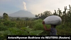 Seorang petani di Desa Sidemen, Karangasem, Bali, membawa sekantong pupuk saat erupsi Gunung Agung, 6 Desember 2017. (Foto: Antara/Nyoman Budhiana via REUTERS)