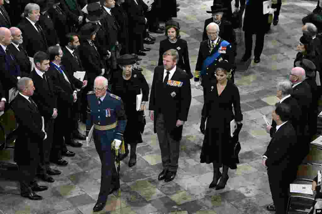 Front from left: Beatrix of the Netherlands, King Willem-Alexander of the Netherlands, Queen Maxima of the Netherlands; second row center from left: Queen Silvia of Sweden, Carl XVI Gustaf, King of Sweden;&nbsp; and, in the third row,&nbsp; Queen Margrethe II of Denmark depart, after the State Funeral of Queen Elizabeth II, at West&nbsp;Westminster Abbey, in London, Sept. 19, 2022.