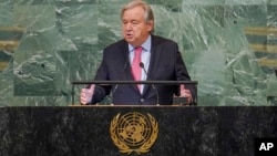 អគ្គ​លេខាធិការ​អង្គការ​សហ​ប្រជាជាតិ ​លោក​ Antonio Guterres ថ្លែង​ទៅ​កាន់​មហាសន្និបាត​ទី​៧៧ នៃ​អង្គការ​សហប្រជាជាតិ នៅ​ទី​ស្នាក់ការ​អង្គការ​សហប្រជាជាតិ​ក្នុង​ទី​ក្រុង New York កាល​ពី​ថ្ងៃ​ទី​២០ ខែ​កញ្ញា ឆ្នាំ​២០២២។