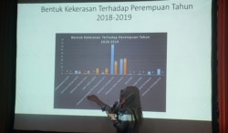 Aktivis perempuan dari LSM Savy Amira menunjukkan data mengenai bentuk-bentuk kekerasan terhadap perempuan (foto Petrus Riski-VOA).