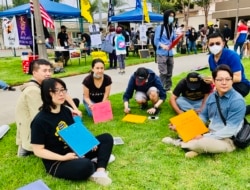 参加声援活动者制作力撑香港永久连侬墙的标牌。(洛杉矶巴恩斯公园，美国之音2020年10月24日)