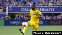Columbus Crew forward Kei Kamara (23) controls the ball during the first half of an MLS soccer match against Orlando City in Orlando, Fla., Saturday, Aug. 1, 2015.