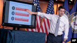 House Speaker Paul Ryan of Wisconsin uses charts and graphs to make his case for the Republican Party's long-awaited plan to repeal and replace the Affordable Care Act, during a news conference on Capitol Hill in Washington, March 9, 2017. 