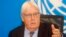 United Nations official Martin Griffiths speaks at a news conference in Mogadishu, Somalia, on Sept 5, 2022. During the conference, he warned that “famine is at the door” of Somalia. 