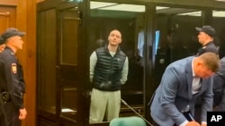 In this photo taken from video provided by the Moscow City Court, Ivan Safronov, an adviser to the director of Russia's state space corporation, center, stands during a court session in Moscow, Russia, Sept. 5, 2022. 