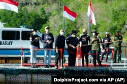 Menteri Lingkungan Hidup dan Kehutanan Siti Nurbaya Bakar, tengah, meresmikan pelepasan lumba-lumba yang diselamatkan Rocky, Rambo dan Johnny kembali ke alam liar di Teluk Banyuwedang, Bali Barat, Sabtu, 3 September 2022. (DolphinProject.com via AP)