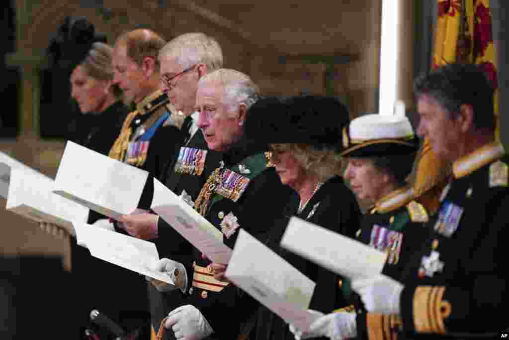 From left, Sophie Countess of Wessex, Prince Edward, Prince Andrew, King Charles III, Camilla, the Queen Consort, Princess Anne and Tim Laurence during a Service of Prayer and Reflection for the Life of Queen Elizabeth II at St. Giles&#39; Cathedral, Edinburgh, Sept. 12, 2022.