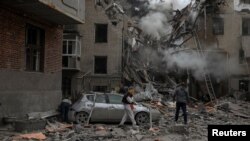 6일 우크라이나 하르키우에서 러시아의 공격으로 파괴된 건물.