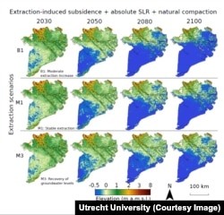 Researchers found that unless drastic policy actions are taken, most of the Mekong Delta in Vietnam would disappear underwater by 2100.