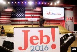 A technician performs a sound check at Miami Dade College before Jeb Bush announced his bid for the Republican presidential nomination, June 15, 2015, in Miami.