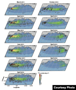 Map showing the distribution of Fukushima radiation cred: Ken Buesseler
