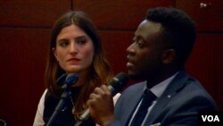 Peace activist and student Michel Chikwanine educates audiences about the ravages of war and his own experience as a child soldier. (Photo: L. Bryant /VOA)