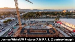 An aerial photo of the construction site of the $388 million Academy Museum of Motion Pictures scheduled to open in 2019.