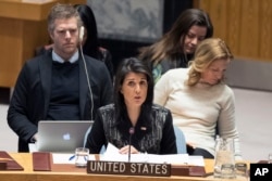 U.S. Ambassador to the United Nations Nikki Haley speaks during a Security Council meeting on the situation in Iran, at United Nations headquarters in New York, Jan. 5, 2018.
