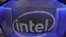 Logo Intel di sebuah komputer gaming yang dipamerkan di pameran peralatan gaming di Los Angeles, California, 11 Juni 2019. (Foto: Mike Blake/Reuters)