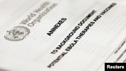 A document is pictured at the opening of a consultation of international experts on potential Ebola therapies and vaccines in Geneva Sept. 4, 2014. 