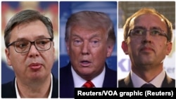 Dari kiri: Presiden Serbia Aleksandar Vucic, Presiden AS Donald Trump dan PM Kosovo Avdullah Hoti. 