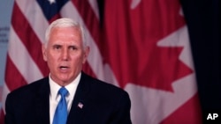 U.S. Vice President Mike Pence speaks during a bilateral meeting with Canada's Prime Minister Justin Trudeau, at the Summit of the Americas in Lima, Peru, April 14, 2018.
