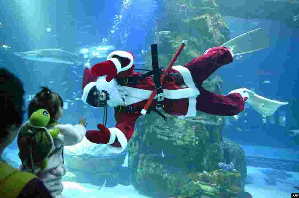 A diver dressed as Santa Claus waves to visitors during a Christmas-themed underwater show at Lotte World Aquarium in Seoul.