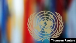 The emblem of the United Nations is seen at its headquarters, as the General Assembly appointed Secretary-General Antonio Guterres for a second five-year term from January 1, 2022, in New York City