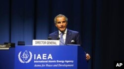 라파엘 그로시 국제원자력기구(IAEA) 사무총장이 26일 오스트리아 빈에서 개막한 제66차 총회에서 발언하고 있다.