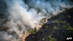 Aerial view of a burnt area in the Amazon rainforest near the Lago do Cunia Extractive Reserve in northern Brazil, on Aug. 31, 2022. Experts say Amazon fires are caused mainly by illegal farmers, ranchers and speculators clearing land. (Douglas Magno/AFP)