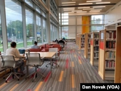 Shared working space at the Wheaton public library in Montgomery County, Maryland.