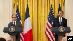 바락 오바마 미국 대통령과 프랑수아 올랑드 프랑스 대통령이 24일 백악관에서 정상회담 후 공동기자회견을 하고 있다. 